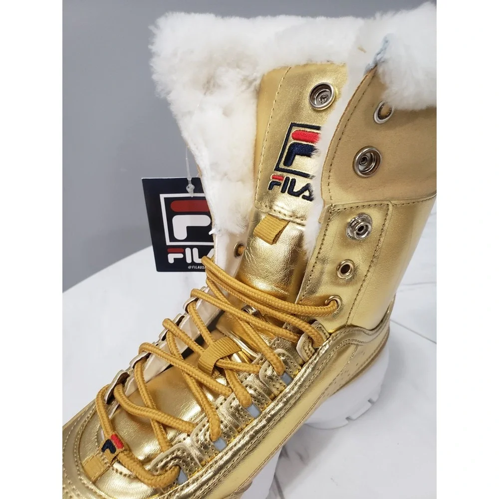 NEW NO BOX 5.5 WOMENS FILA Disruptor Shearling Winter Snow Boots Foldover GOld